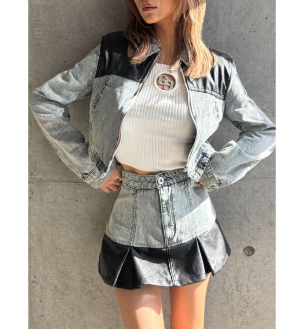 GYDA「【TINY】フェイクレザードッキングデニムスカートライクショートパンツ」|スカート|