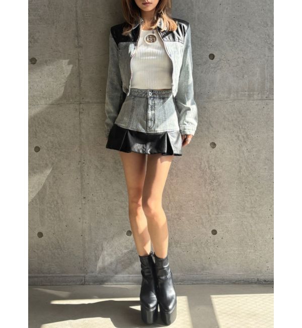 GYDA「【TINY】フェイクレザードッキングデニムスカートライクショートパンツ」|スカート|