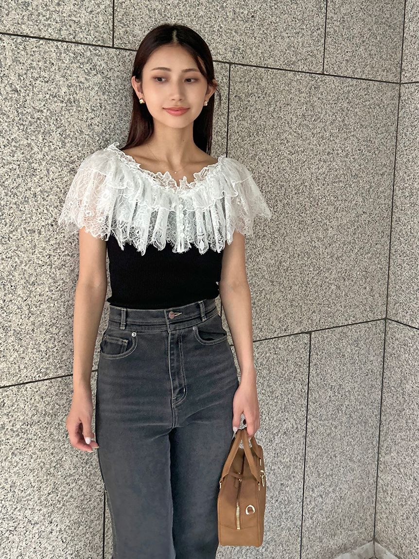 SNIDEL「レースドッキングニットプルオーバー」|ニット・セーター|BLK