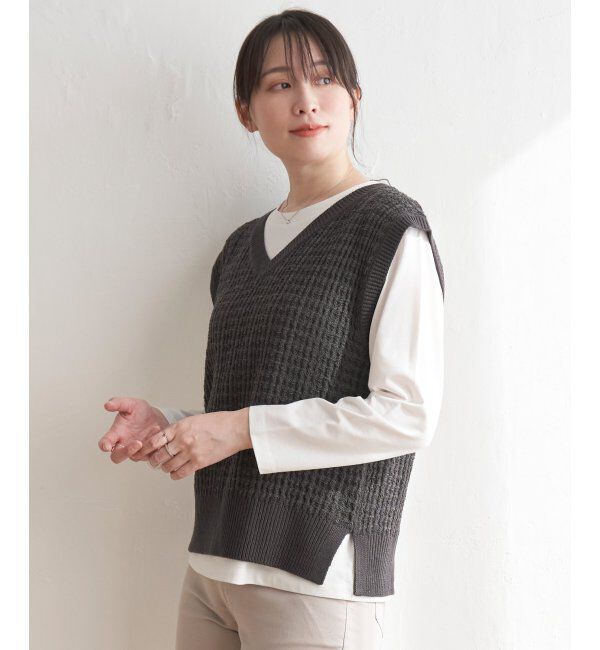 ikka「【2点セット】ブークレMIXニットベストアンサンブル」|ニット・セーター|チャコール