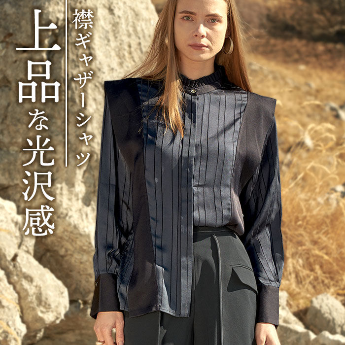 BACKYARD FAMILY「MIND マインド 襟 ギャザー ブラウス 通販 長袖ブラウス シャツ 長袖シャツ 襟ギャザー」|シャツ・ブラウス|