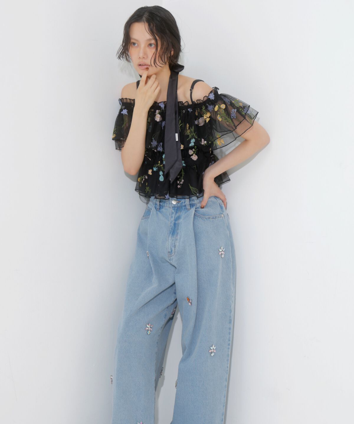 アンドクチュール「ボタニカル柄刺繍チュールブラウス」|シャツ・ブラウス|