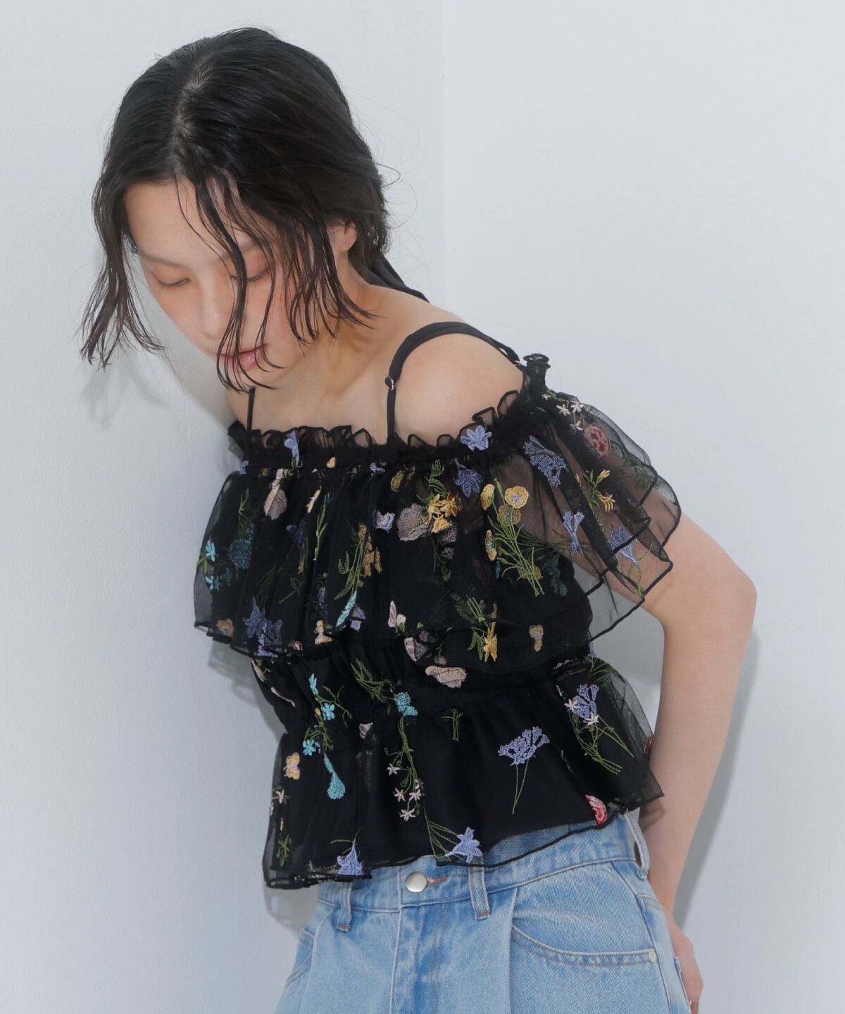 アンドクチュール「ボタニカル柄刺繍チュールブラウス」|シャツ・ブラウス|