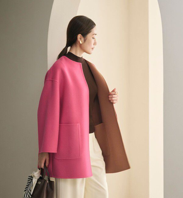 UNITED ARROWS「バイカラー リバー ミドルコート」|ノーカラーコート|