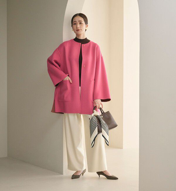 UNITED ARROWS「バイカラー リバー ミドルコート」|ノーカラーコート|