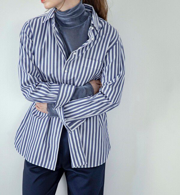 quaranciel「quaranciel:〈洗濯機可能〉REPREVE パールモチーフ ハンサム シャツ」|シャツ・ブラウス|ネイビー