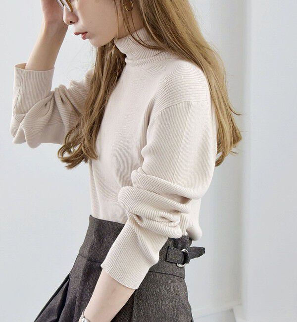 quaranciel「quaranciel:〈手洗い可能〉コットン タートルネック リブ ニット」|ニット・セーター|ナチュラル