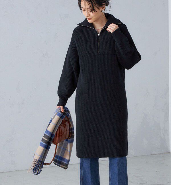 SHIPS for women「〈手洗い可能〉片畦編み ハーフ ジップ ワンピース」|ワンピース|ブラック