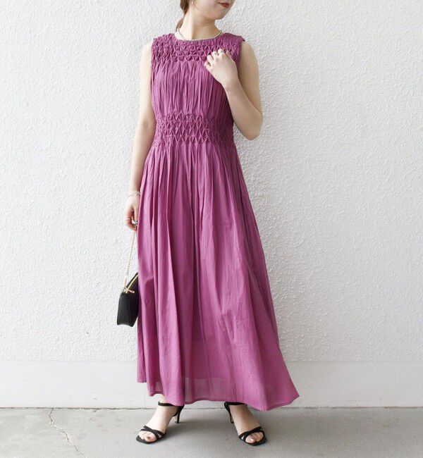 SHIPS any「【WEB限定】SHIPS any: ハンドスモッキング  コットン フレア ノースリーブ ワンピース」|ワンピース|