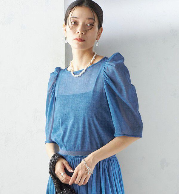 SHIPS for women「troisiemeCHACO:〈手洗い可能〉デニム プリント チュール ブラウス」|シャツ・ブラウス|