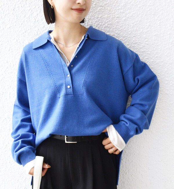 SHIPS for women「【WEB限定】〈手洗い可能〉サイド スリット ゴールド 釦 ポロ ニット」|ニット・セーター|