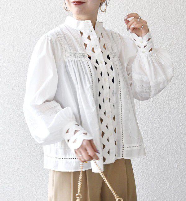 SHIPS any「SHIPS any:〈洗濯機可能〉キャンブリック スタンドカラー レース シャツ ブラウス」|シャツ・ブラウス|