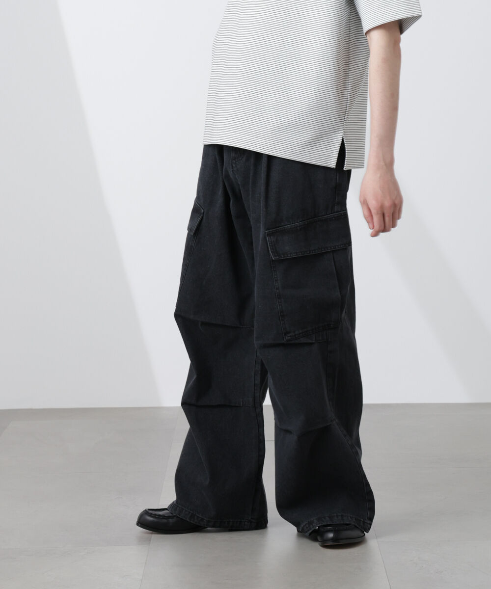 nano･universe「ビッグポケットデニムワイドカーゴパンツ」|チノ|ブラック