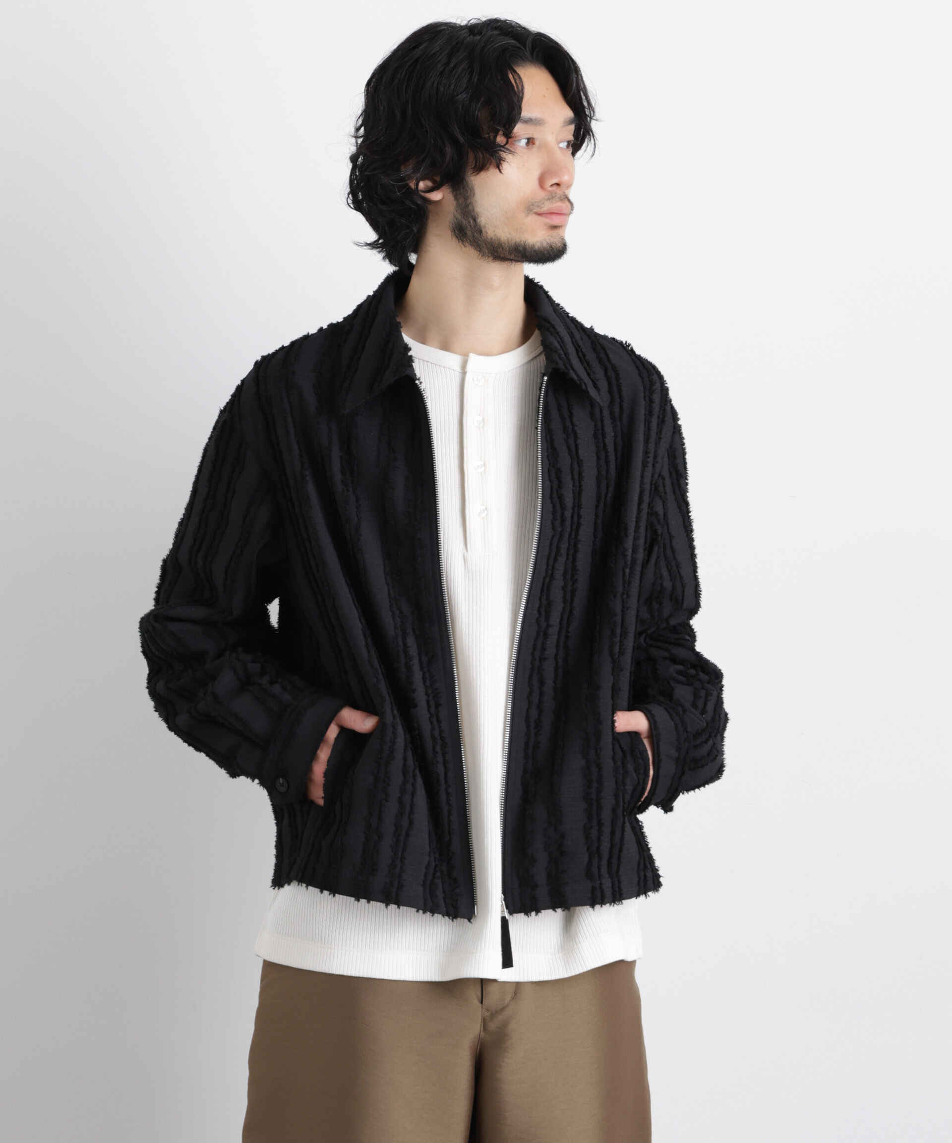 nano･universe「「ASSEMBLANC」カットレースフリンジブルゾン」|ブルゾン・スタジャン|ブラック