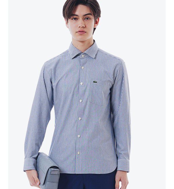 LACOSTE「消臭 速乾 UVカット コットン&times;リサイクルポリエステル ストライプ 長袖レギュラーカラーシャツ」|シャツ・ブラウス|ネイビー