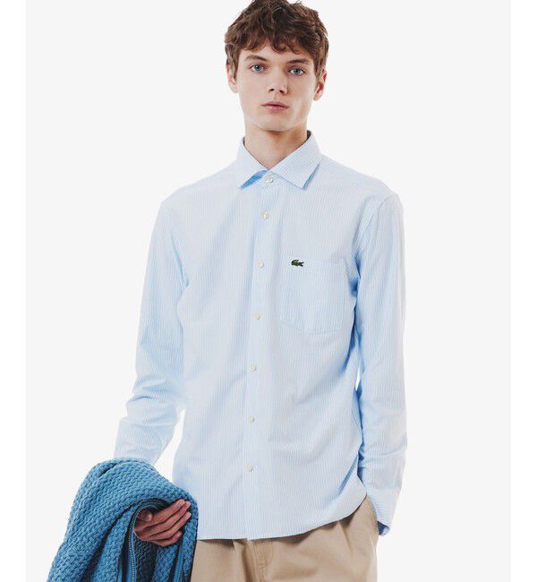 LACOSTE「消臭 速乾 UVカット コットン&times;リサイクルポリエステル ストライプ 長袖レギュラーカラーシャツ」|シャツ・ブラウス|サックスブルー