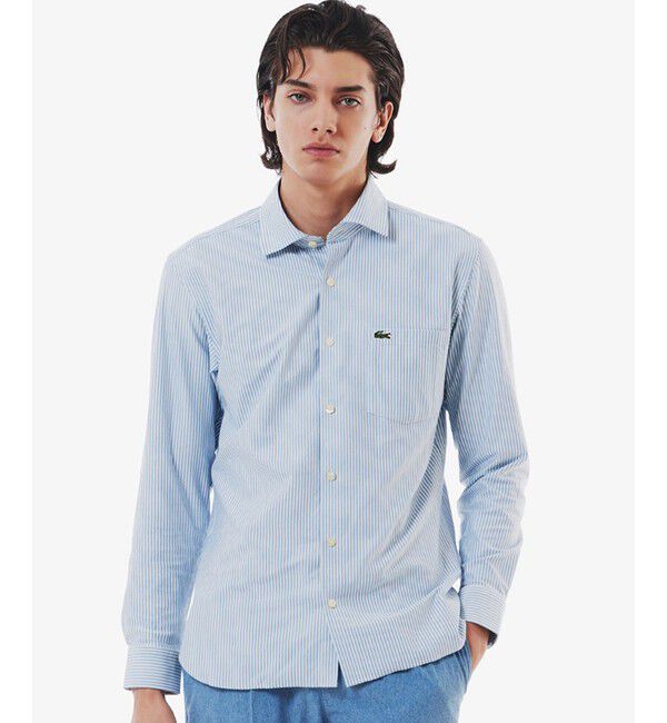 LACOSTE「消臭 速乾 UVカット コットン&times;リサイクルポリエステル ストライプ 長袖レギュラーカラーシャツ」|シャツ・ブラウス|グレイッシュブルー