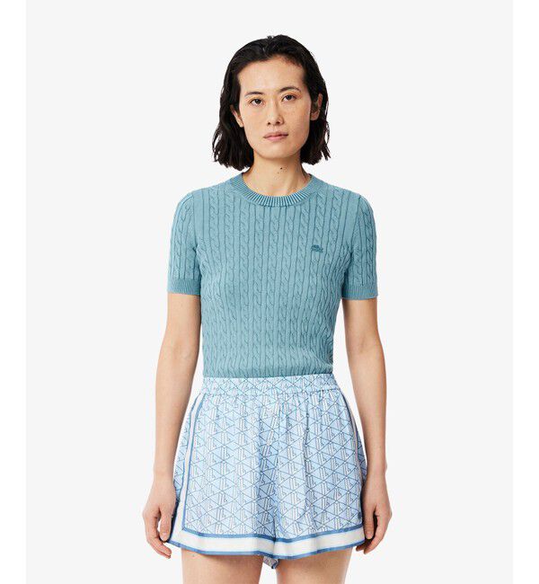 LACOSTE「ケーブルニットTシャツ」|ニット・セーター|グレイッシュブルー