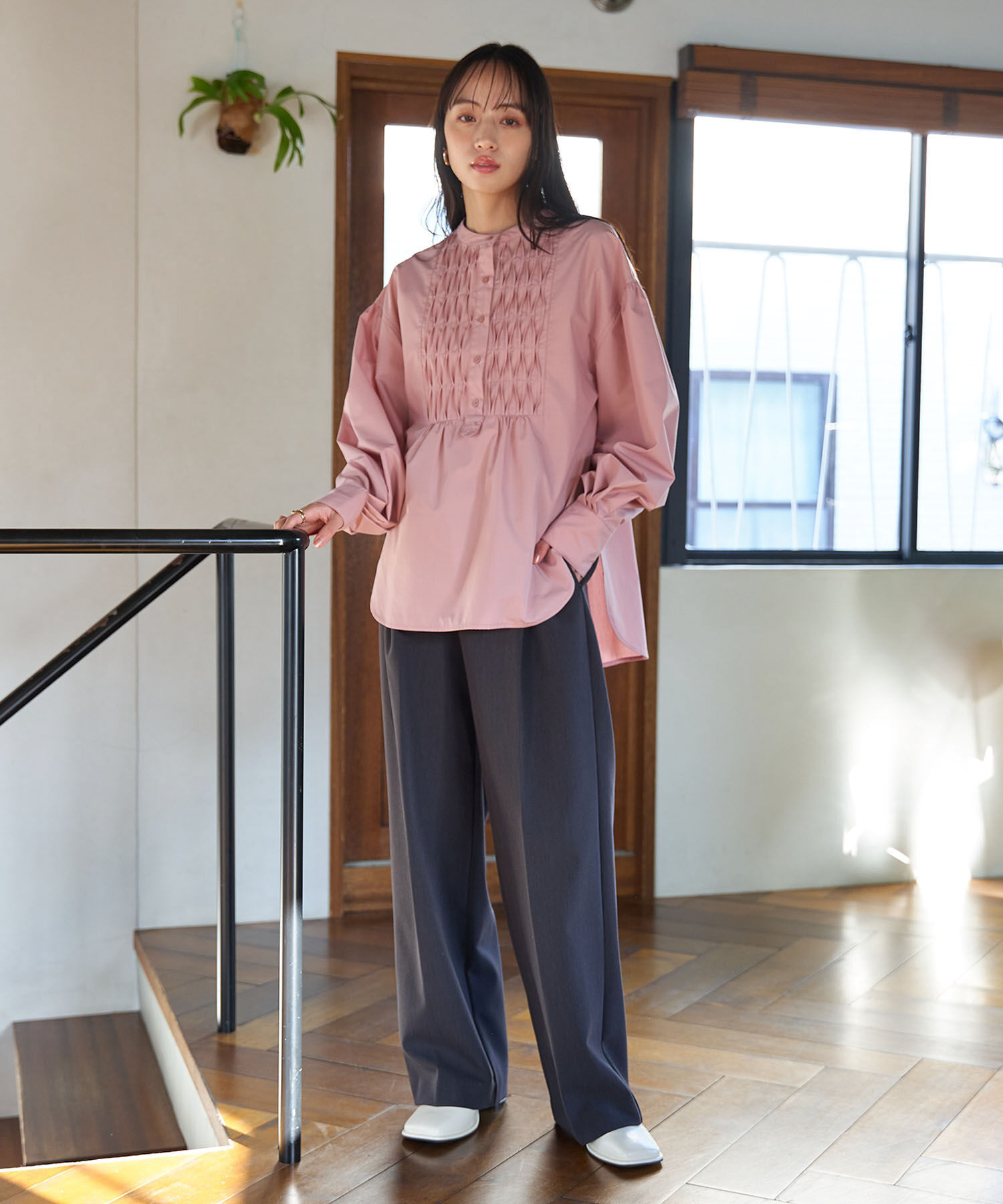 VIS「【洗える・防シワ】美easy裏起毛ワイドパンツ」|スラックス|