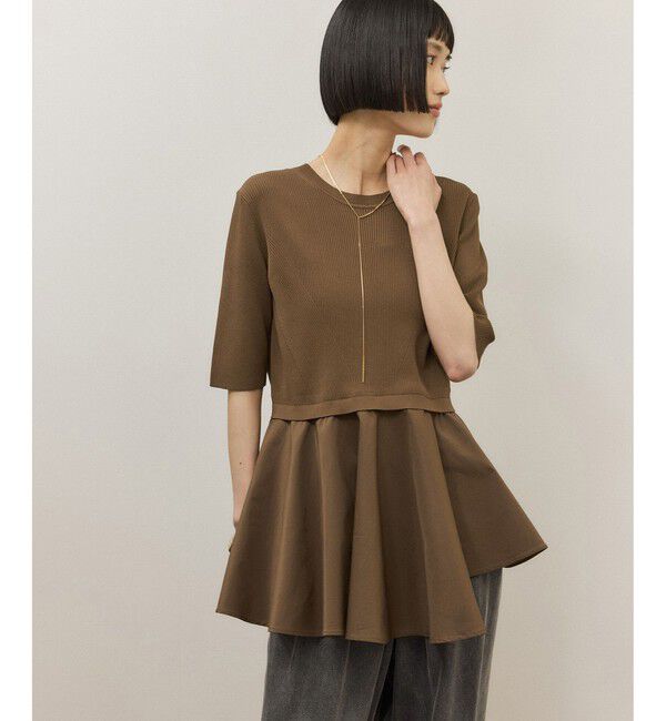 ADAM ET ROPE'「【サステナブル】ペプラムコンビハーフスリーブニット」|ニット・セーター|キャメル(25)