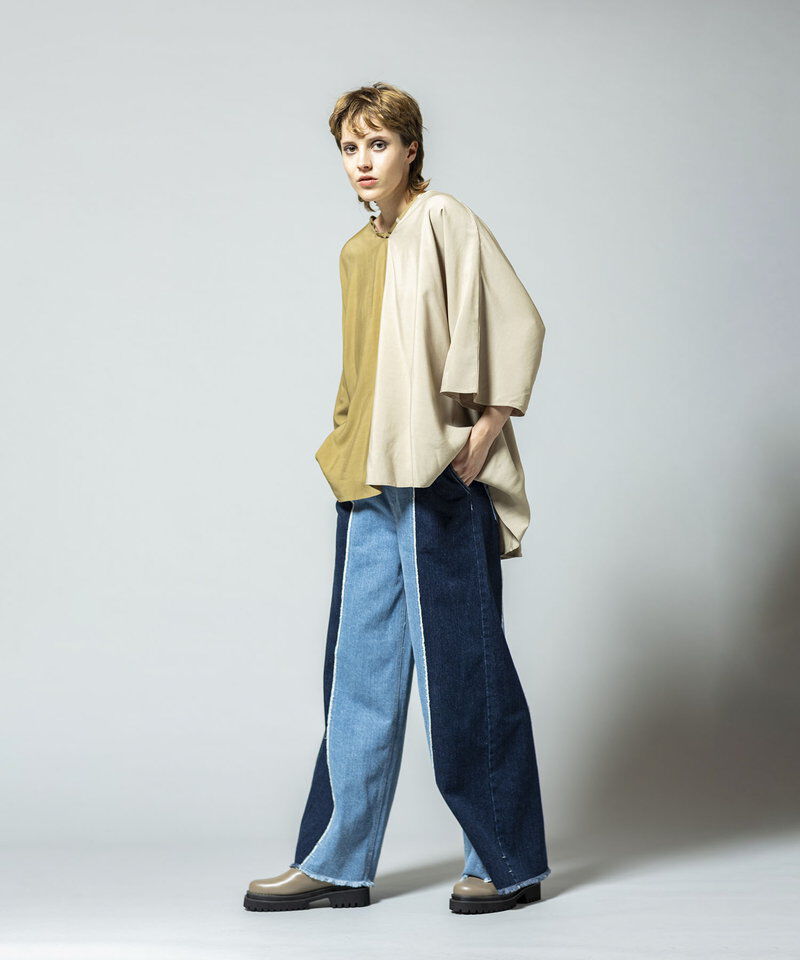  「切替デニムワイドパンツ」|デニム|