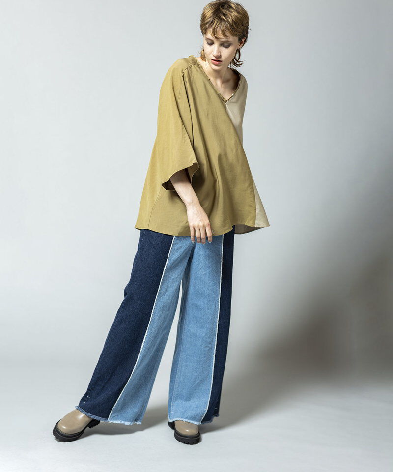  「切替デニムワイドパンツ」|デニム|