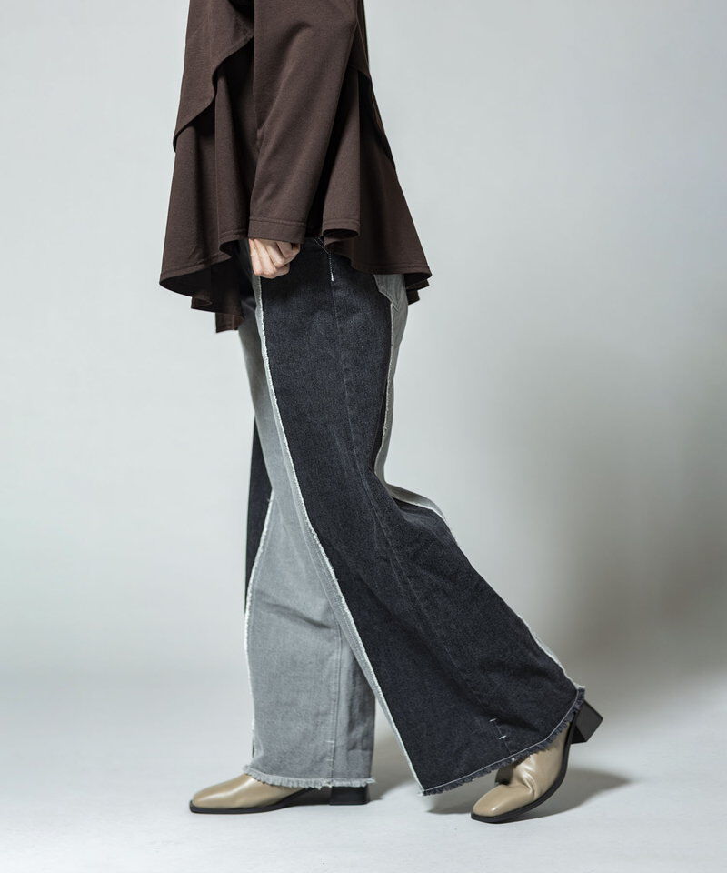  「切替デニムワイドパンツ」|デニム|