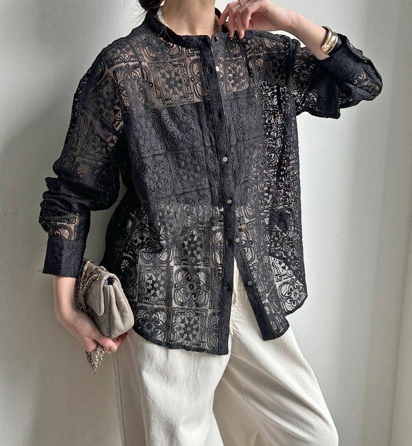  「【WEB限定】パネルレースバンドカラーシャツ」|シャツ・ブラウス|ブラック