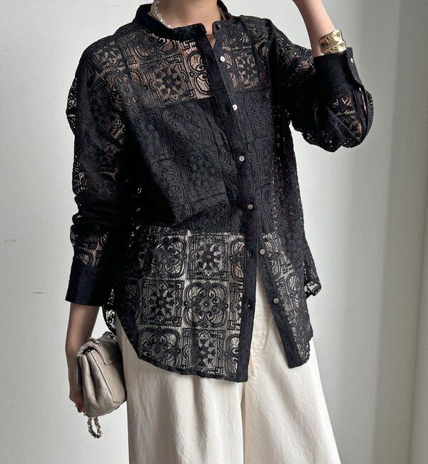  「【WEB限定】パネルレースバンドカラーシャツ」|シャツ・ブラウス|