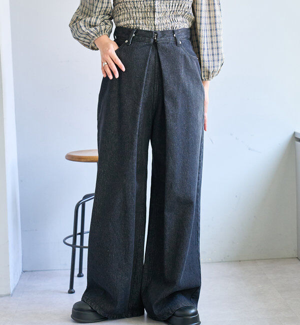  「【3サイズ】デニムタックワイドパンツ」|デニム|ブラック