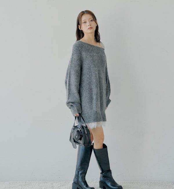  「ワンショルレースニットミニワンピース」|ワンピース|