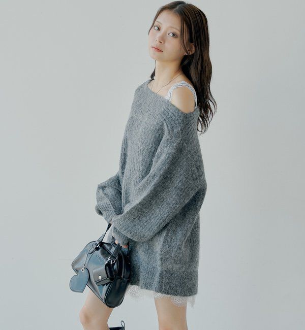  「ワンショルレースニットミニワンピース」|ワンピース|