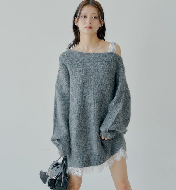  「ワンショルレースニットミニワンピース」|ワンピース|