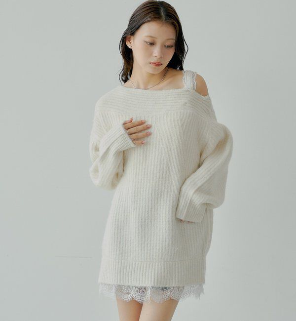  「ワンショルレースニットミニワンピース」|ワンピース|