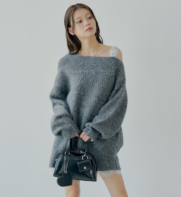  「ワンショルレースニットミニワンピース」|ワンピース|