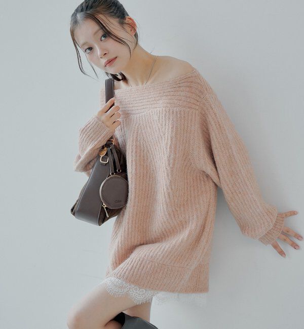  「ワンショルレースニットミニワンピース」|ワンピース|ピンク