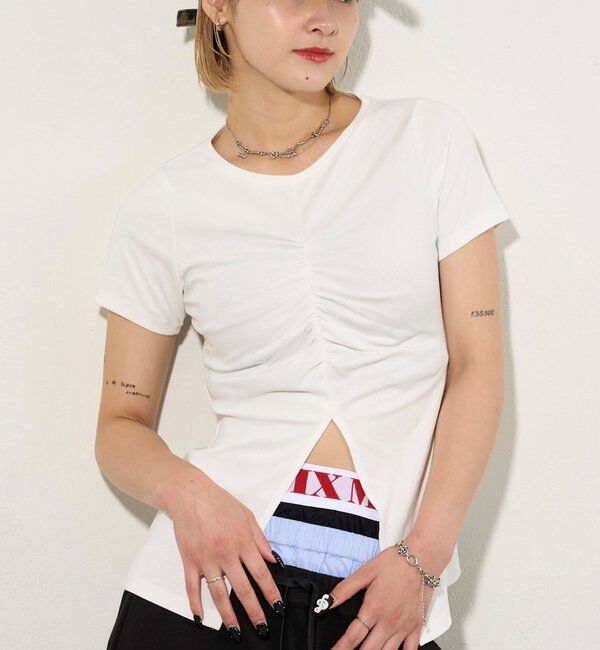  「ギャザースリットTEE」|Tシャツ・カットソー|オフホワイト