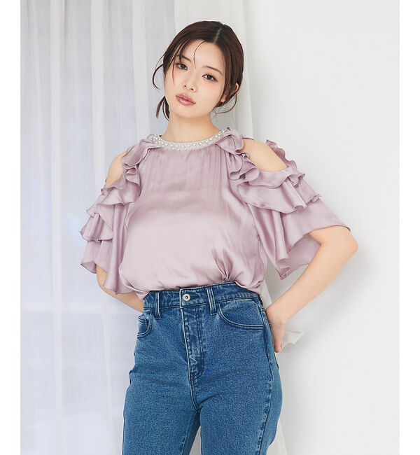 SELFIST「ショルダーオープンビジュー付フリルブラウス」|シャツ・ブラウス|ピンク