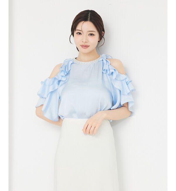 SELFIST「ショルダーオープンビジュー付フリルブラウス」|シャツ・ブラウス|ブルー