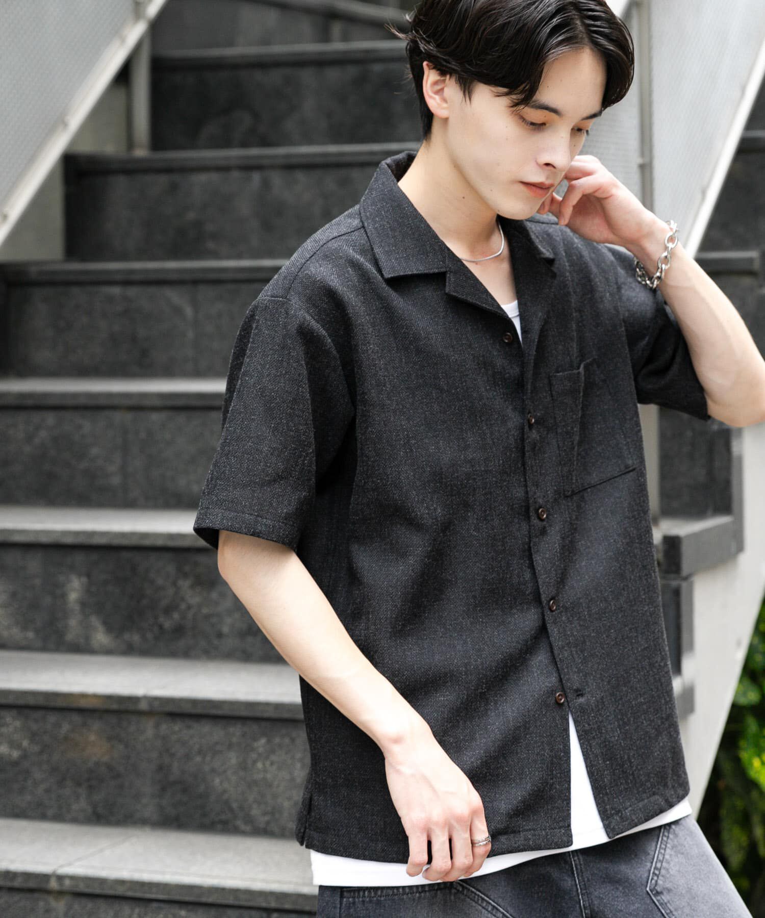 SENSE OF PLACE by URBAN RESEARCH「メランジプリペラオープンカラーショートスリーブシャツ」|シャツ・ブラウス|ブラック