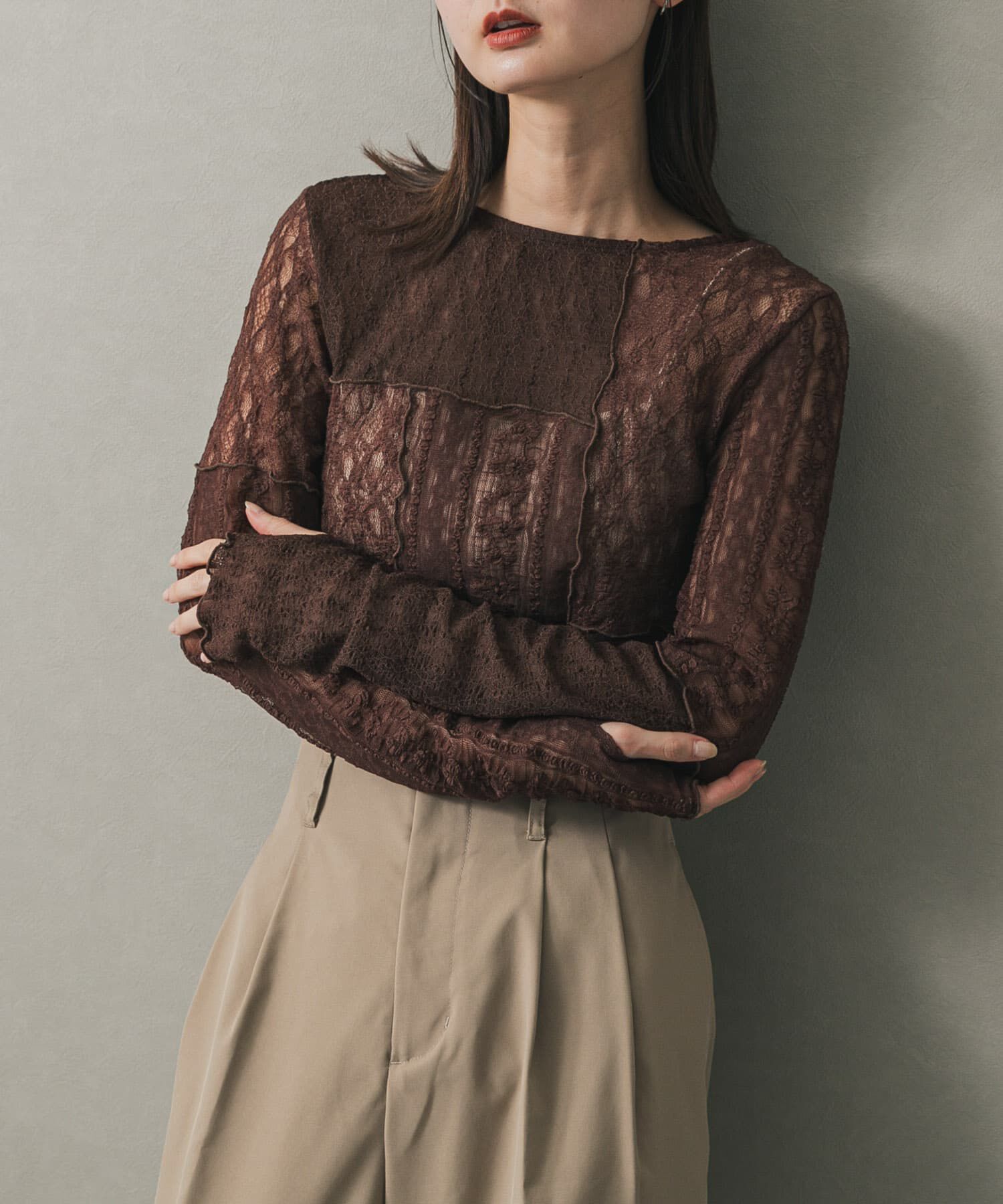 SENSE OF PLACE by URBAN RESEARCH「パッチワークレーストップ」|Tシャツ・カットソー|ブラウン