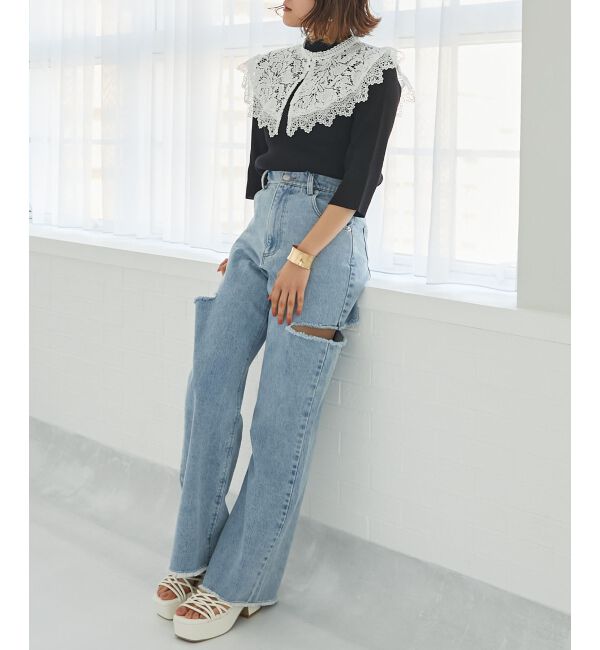 MAJESTICLEGON「レースカラーハーフスリーブニット」|ニット・セーター|