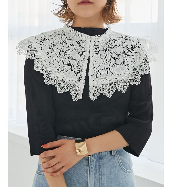 MAJESTICLEGON「レースカラーハーフスリーブニット」|ニット・セーター|