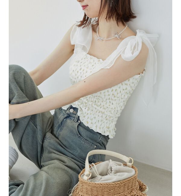 MAJESTICLEGON「カップ付肩リボンシャーリングキャミ」|キャミソール|