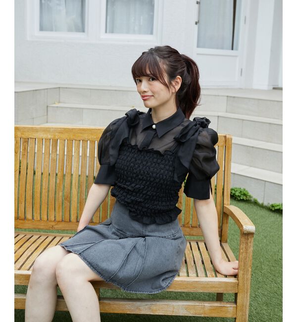 MAJESTICLEGON「カップ付肩リボンシャーリングキャミ」|キャミソール|