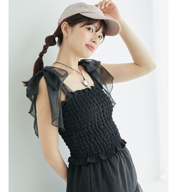 MAJESTICLEGON「カップ付肩リボンシャーリングキャミ」|キャミソール|