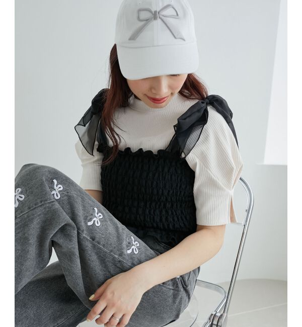 MAJESTICLEGON「カップ付肩リボンシャーリングキャミ」|キャミソール|