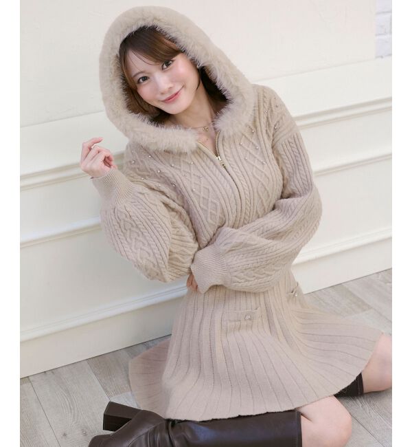  「キラキラフード付きニットパーカー」|パーカー|ベージュ