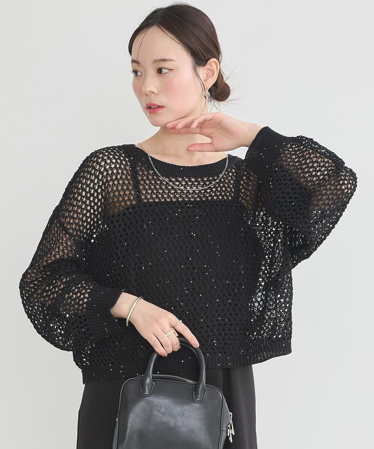 earth music&ecology「スパンコールメッシュニットプルオーバー」|ニット・セーター|Black