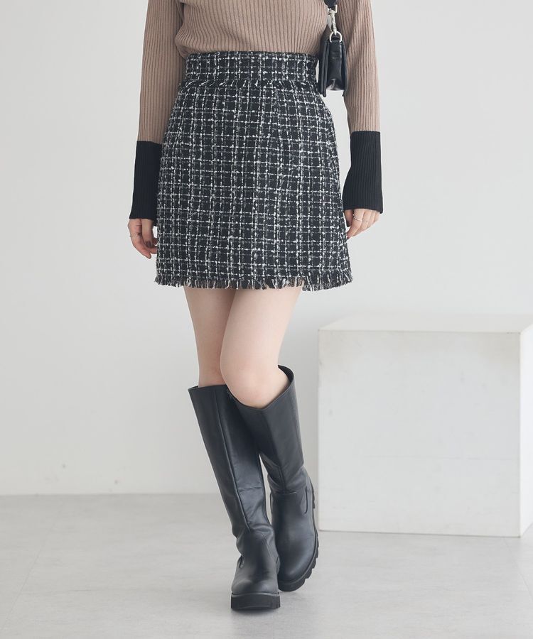 earth music&ecology「フリンジツイードミニスカート」|タイト|